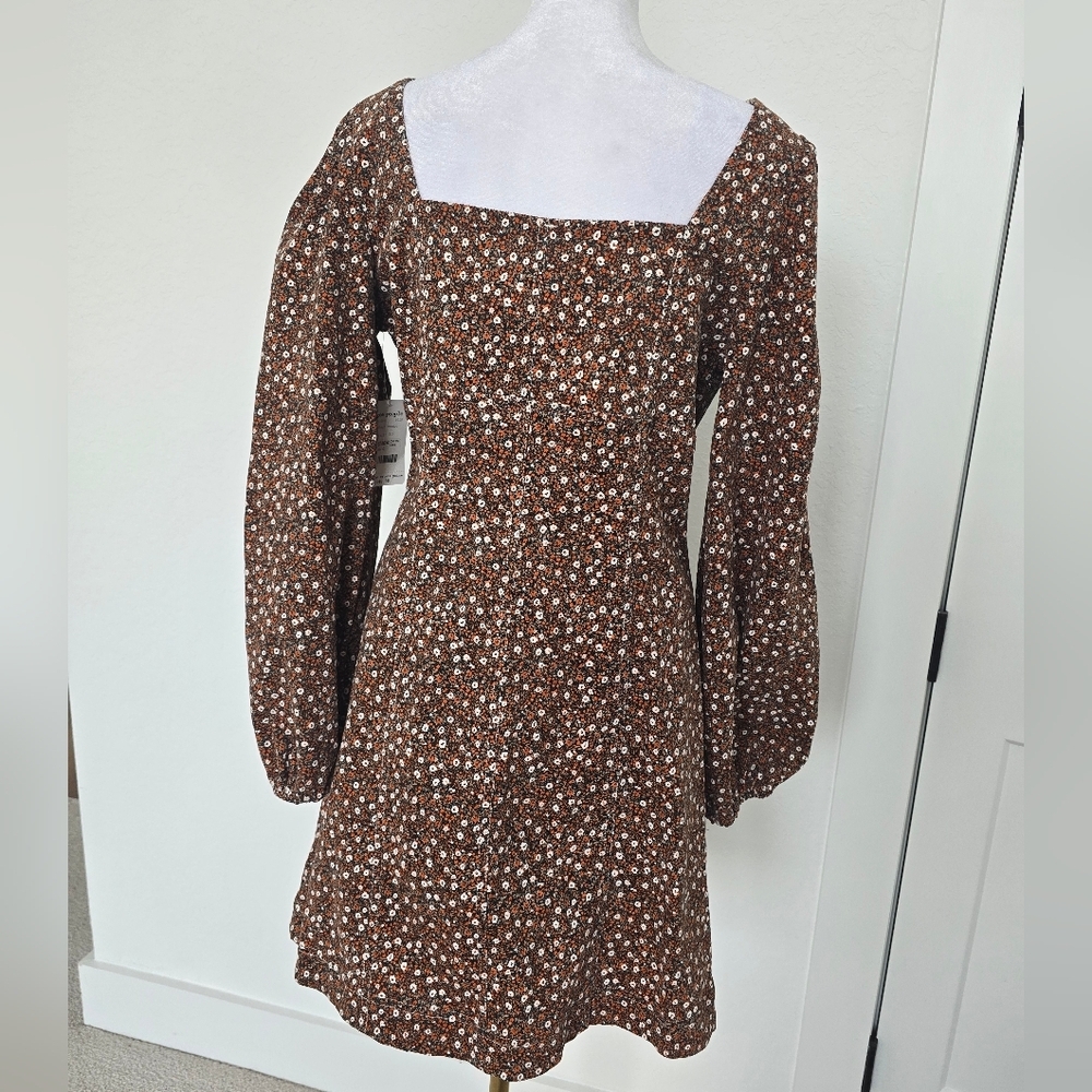 Free People Call Me Cord Brown Floral Mini Dress Button Front Boho Size 10 NWT - Picture 7 of 13